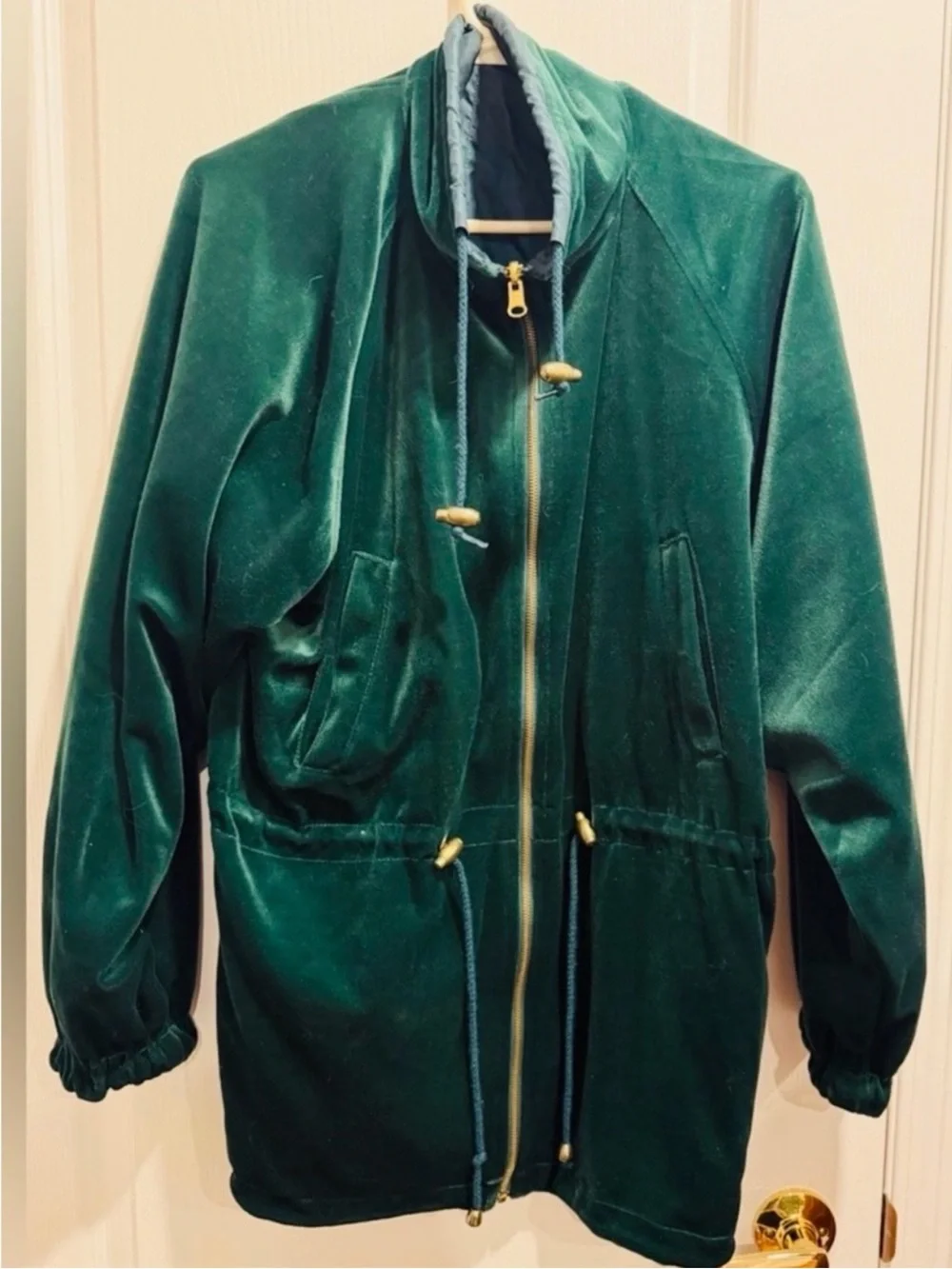 Velvet Drawstring Utility Jacket in Forest Green - Picture 2 of 5